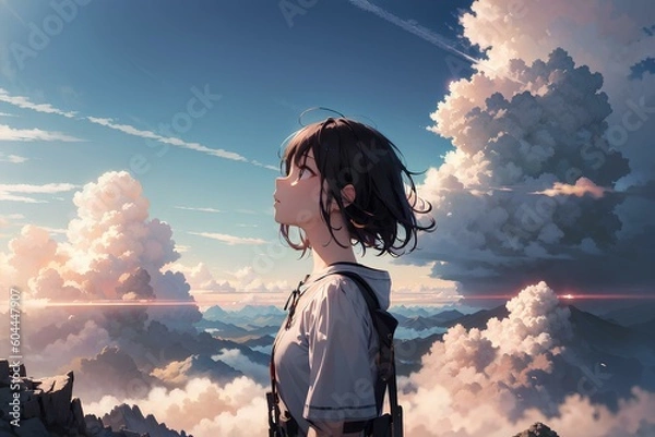 Obraz A pretty girl is climbing a mountain against the backdrop of a cloud-filled sky, japanese anime style illustration. generative AI