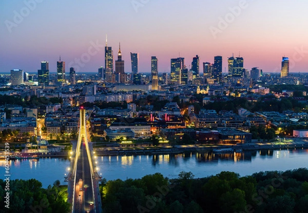 Fototapeta Warsaw city center, Vistula river and Swietokrzyski bridge at dusk, moody aerial landscape