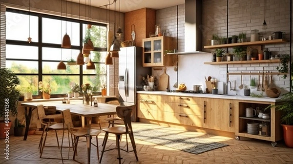 Fototapeta Modern design wooden Scandi-Boho style kitchen. Generative AI