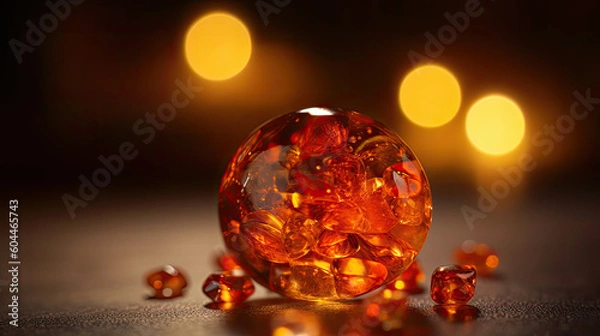 Fototapeta Drops of amber on a black background with glimmers of light inside. Beauty of nature, mesmerizing play of light. Ideal for concepts such as luxury, jewelry. Illustration created with Generative AI.
