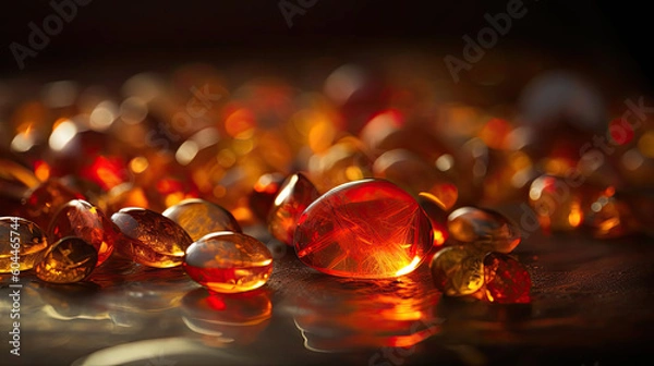 Fototapeta Drops of amber on a black background with glimmers of light inside. Beauty of nature, mesmerizing play of light. Ideal for concepts such as luxury, jewelry. Illustration created with Generative AI.