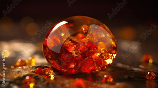 Fototapeta Drops of amber on a black background with glimmers of light inside. Beauty of nature, mesmerizing play of light. Ideal for concepts such as luxury, jewelry. Illustration created with Generative AI.