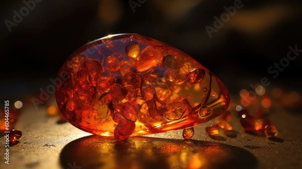 Fototapeta Drops of amber on a black background with glimmers of light inside. Beauty of nature, mesmerizing play of light. Ideal for concepts such as luxury, jewelry. Illustration created with Generative AI.