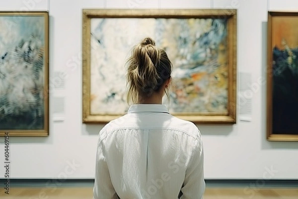 Fototapeta Young woman looks at paintings in a museum. Woman at art gallery