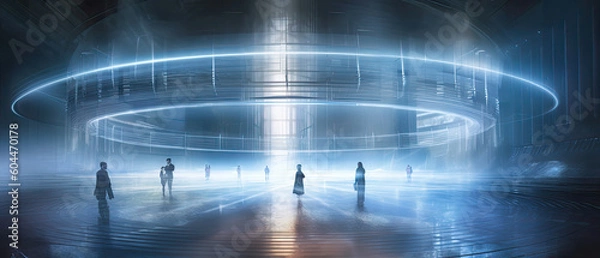 Fototapeta Interior of a nuclear reactor, showing the immense power of atomic energy. Light atoms and atomic particles, at the cosmic core of the universe. The Big Bang. Illustration created with Generative AI.