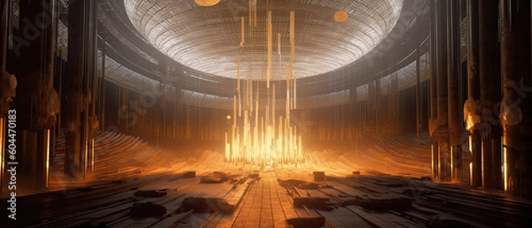 Fototapeta Interior of a nuclear reactor, showing the immense power of atomic energy. Light atoms and atomic particles, at the cosmic core of the universe. The Big Bang. Illustration created with Generative AI.