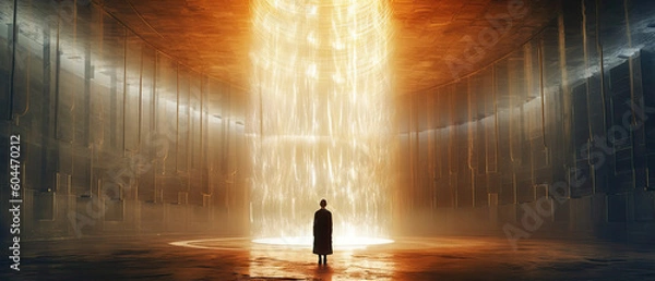 Fototapeta Interior of a nuclear reactor, showing the immense power of atomic energy. Light atoms and atomic particles, at the cosmic core of the universe. The Big Bang. Illustration created with Generative AI.