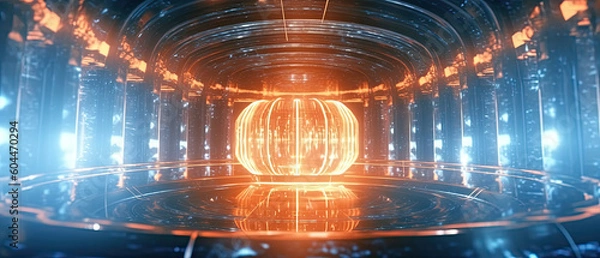 Fototapeta Interior of a nuclear reactor, showing the immense power of atomic energy. Light atoms and atomic particles, at the cosmic core of the universe. The Big Bang. Illustration created with Generative AI.