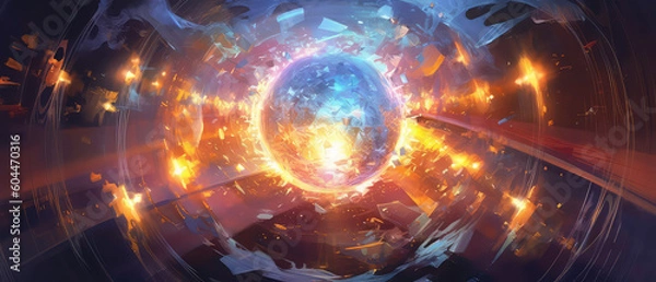 Fototapeta Interior of a nuclear reactor, showing the immense power of atomic energy. Light atoms and atomic particles, at the cosmic core of the universe. The Big Bang. Illustration created with Generative AI.