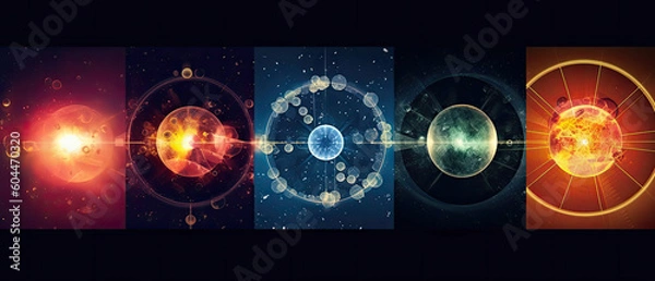 Fototapeta Interior of a nuclear reactor, showing the immense power of atomic energy. Light atoms and atomic particles, at the cosmic core of the universe. The Big Bang. Illustration created with Generative AI.