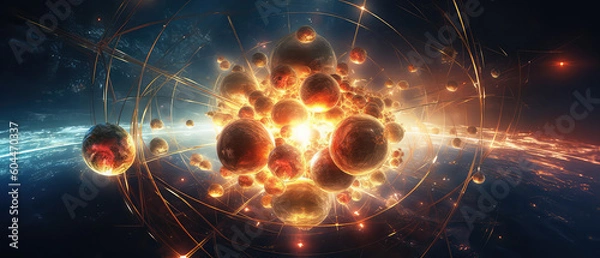 Fototapeta Interior of a nuclear reactor, showing the immense power of atomic energy. Light atoms and atomic particles, at the cosmic core of the universe. The Big Bang. Illustration created with Generative AI.