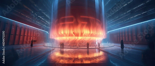 Fototapeta Interior of a nuclear reactor, showing the immense power of atomic energy. Light atoms and atomic particles, at the cosmic core of the universe. The Big Bang. Illustration created with Generative AI.