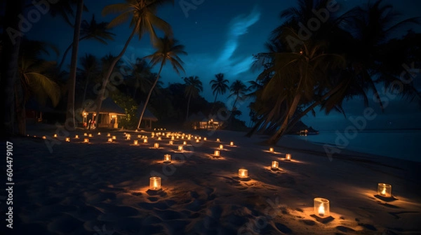 Fototapeta 夜の熱帯島ビーチの魅惑の芸術 No.012 | Enchanting Artistry of a Tropical Island Beach at Night Generative AI