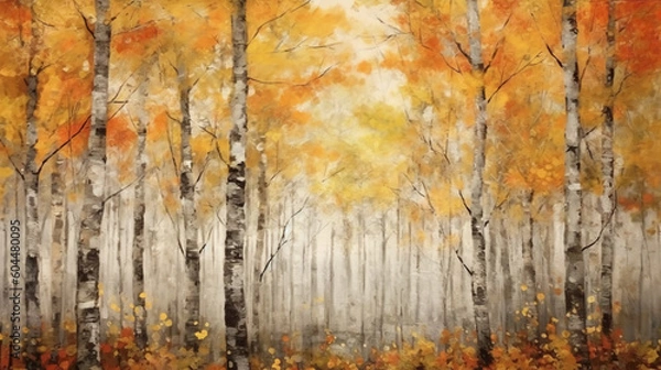 Fototapeta inspired diffusion art of an all of white birch trees and autumn foliage. AI generative