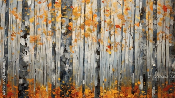 Fototapeta inspired diffusion art of an all of white birch trees and autumn foliage. AI generative