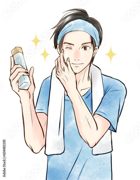 Obraz 化粧水で肌の手入れをする男性