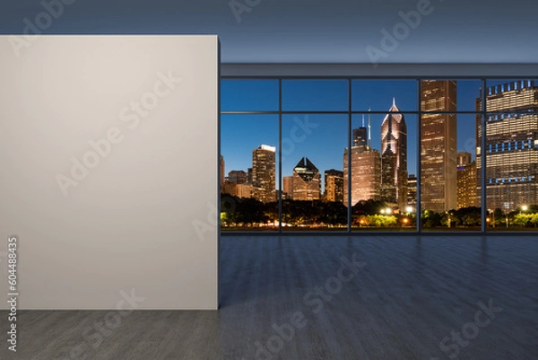 Fototapeta Downtown Chicago City Skyline Buildings Window background. Copy space white wall. Empty room Interior Skyscrapers View. Mockup concept. Night. 3d rendering.