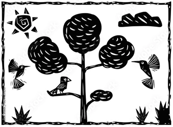 Obraz Tree with various birds. Rural setting, woodcut style and cordel literature.