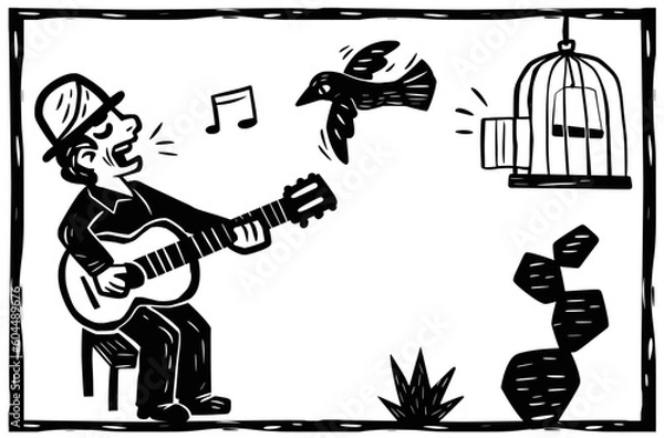 Fototapeta Singer playing viola and bird escaping from the cage. Separate vector art in woodcut and string literature style.