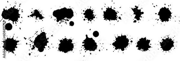 Fototapeta Set different black splash, collection brush strokes.Ink drops and splashes. Blotter spots, liquid paint drip drop splash and ink splatter. Artistic dirty grunge abstract spot. Vector illustration