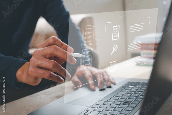 Fototapeta social media online content, freelance worker, working online, content creator, woman using laptop, man reading blog online on computer.