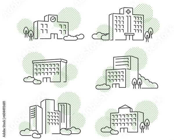 Fototapeta フラットな線画イメージ建物イラストドットパターン	緑