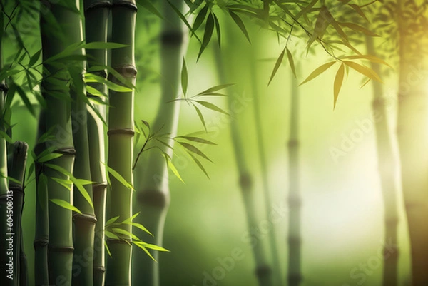 Fototapeta Fresh Bamboo Trees In Forest With Blurred Background (ai generated)