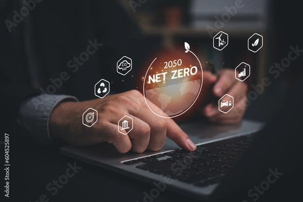 Fototapeta Net zero by 2050. Carbon neutral eco environment. Net zero greenhouse gas reduces CO2 emissions target.climate neutral long term strategy.