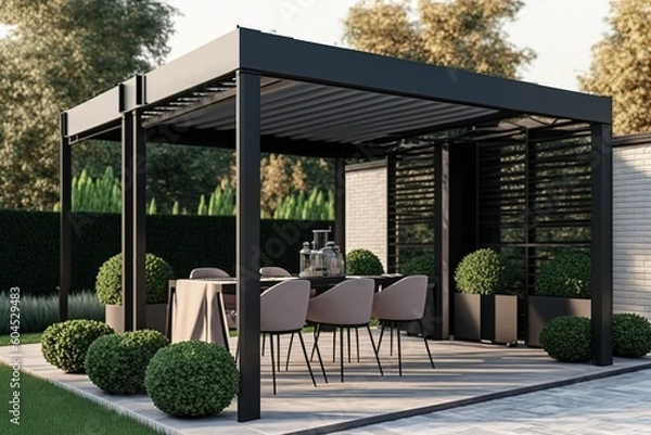 Obraz Modern patio furniture include a pergola shade structure, an awning, a patio roof, a dining table, seats, and a metal grill. Generative Ai.