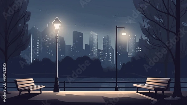 Fototapeta Vector illustration of bench and street light in city park at night. Generative AI image
