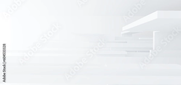 Fototapeta Luxury white abstract architectural minimalistic background. Contemporary showroom. Modern  exhibition stand. Empty gallery. Backlight. Polygonal Graphic Design. 3D illustration and rendering.