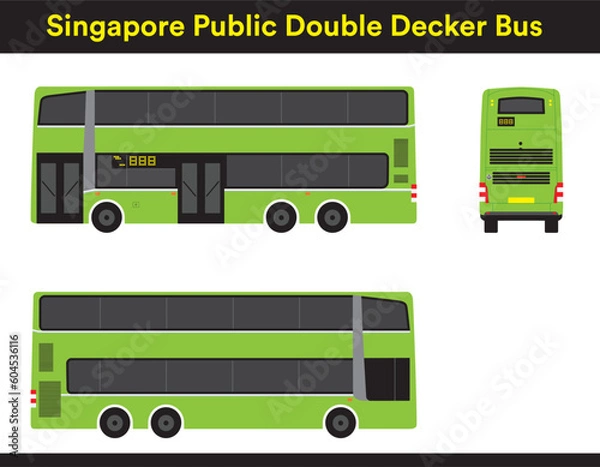 Fototapeta Public transport double decker bus, vector line art drawing artwork. Isolated illustration out of home advertising branding application. With  side and back views. No background. Common in Singapore