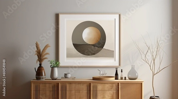 Fototapeta Stylish interior of living room with mock up poster frame, wooden commode, book, leaf in ceramic vase and elegant personal accessories. Minimalist concept of home decor. Template.
