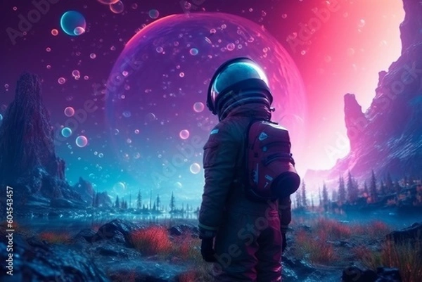 Fototapeta Astronaut in outer space. Fantasy landscape. 3d rendering, generative Ai