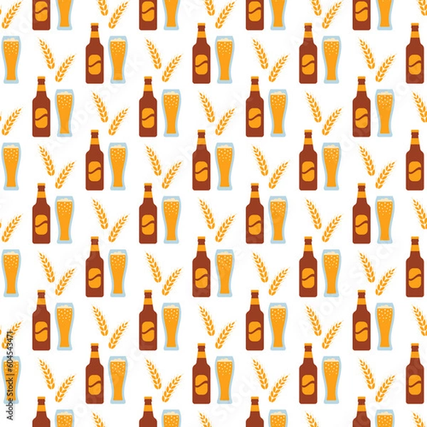 Fototapeta Octoberfest pattern with beer bottles and glasses and ears of wheat. Oktoberfest seamless background. Germany traditional texture. Prints. Bavarian diamond wallpaper. Vector. Color illustration