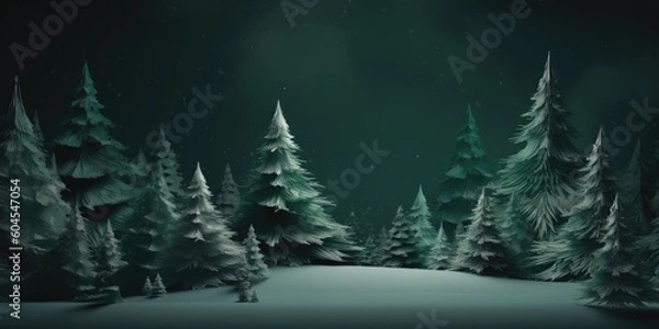 Fototapeta Winter fir trees and pines. Christmas and New Year background. Festive seasonal Christmas bright background. Holiday poster and banner, greeting card. generative ai