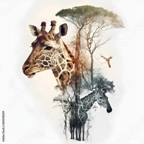Obraz "Beyond Borders: The Double Exposure Giraffe's Enigmatic Majesty" | Creative Design | Illustration | AI Generated Artwork