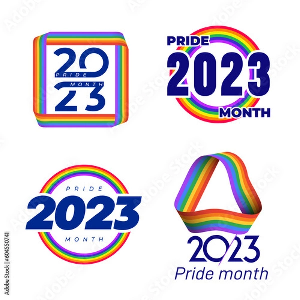 Fototapeta Set of Pride Month 2023 symbol template. Logos of LGBTQ event 2023 with rainbow circle. Human rights and tolerance concept. Pride month template. Rainbow Flag Wave Design Element. Vector Illustration.
