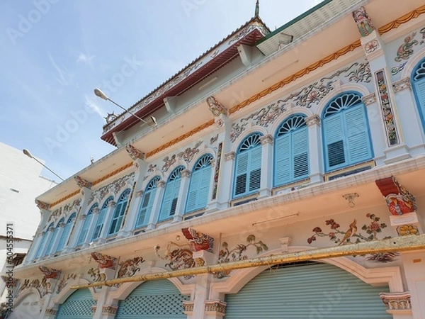 Fototapeta Photograph of the front of the Sino-Portuguese architectural building beautiful colors in the daytime