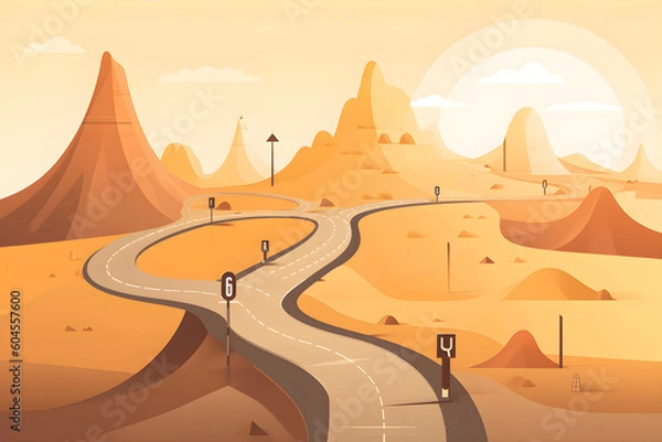 Fototapeta a road in the desert among the dunes featuring a roadmap to represent the journey of starting business, Generative AI