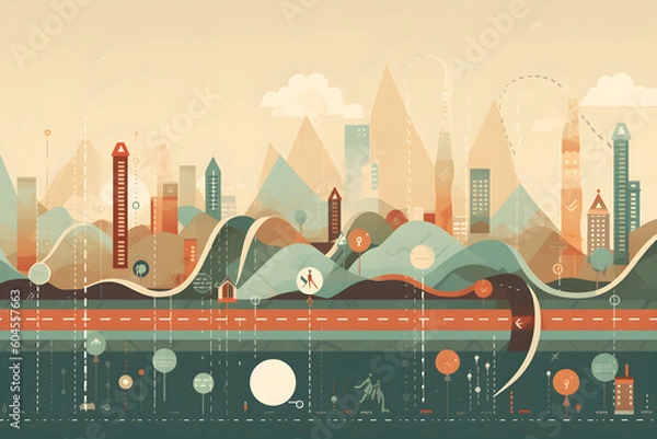 Fototapeta silhouette of a city along a road featuring a timeline to represent the journey of something growing, Generative AI