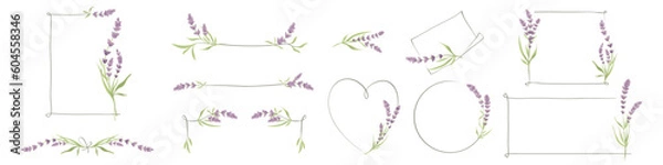 Fototapeta Frames from lavender flowers. Sketch in lines, freehand drawing. Set vector illustrations, summer flowers borders.
