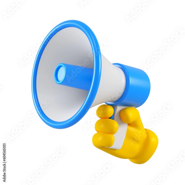 Obraz Cartoon character yellow hand with blue megaphone isolated. Close up breaking news metaphor, disclosure of information concept. 3d rendering.