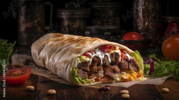 Obraz an artistic image of a delicious shawarma filled with savory ingredients such as juicy tomatoes, crisp onions, fresh lettuce, and creamy mayonnaise. The shawarma should be depicted in a visually appea