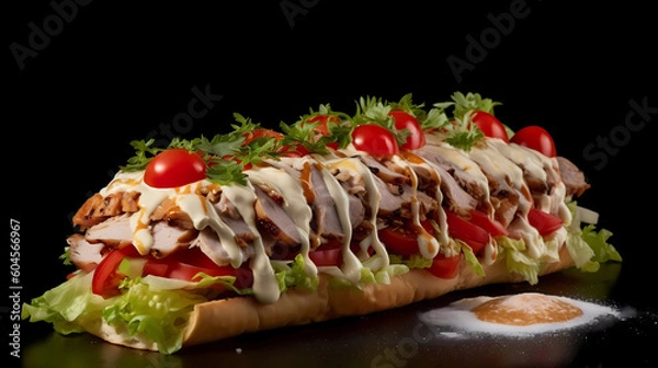 Obraz an artistic image of a delicious shawarma filled with savory ingredients such as juicy tomatoes, crisp onions, fresh lettuce, and creamy mayonnaise. The shawarma should be depicted in a visually appea