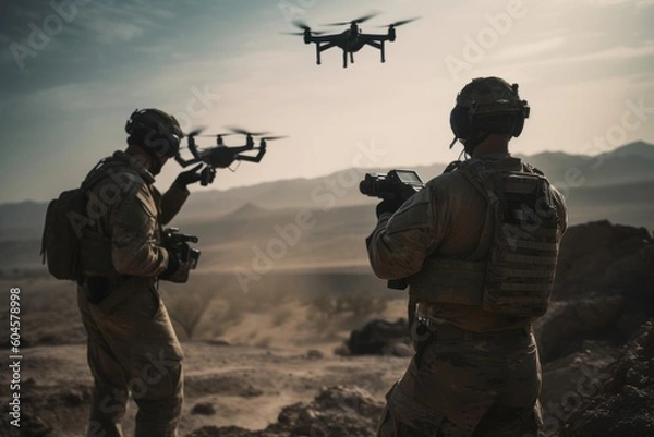 Fototapeta Two soldiers with their backs to the camera launch a full size military combat drone into flight