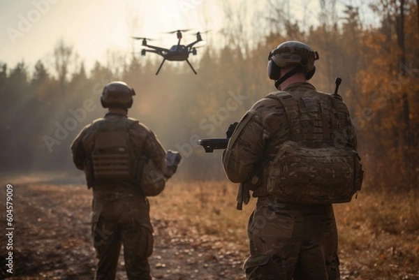 Fototapeta wo soldiers with their backs to the camera launch a full size military combat drone into flight