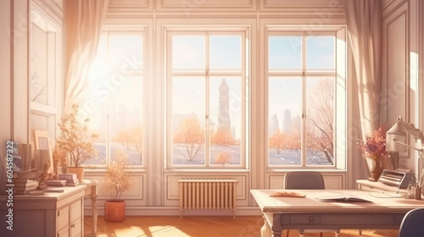 Fototapeta Bright room with workplace at home. Large windows overlooking the city. Winter. Generative AI