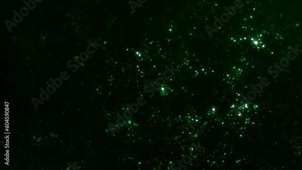 Fototapeta Abstract ambient background of swirling luminous green particles. Relaxing concept 3D illustration wallpaper backdrop. Magic psychedelic shimmering sparkle dust showcase and copy space backplate.
