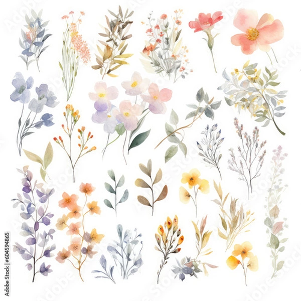 Fototapeta Big Set watercolor elements - wildflowers, herbs, leaf. collection garden and wild, forest herb, flowers, branches. illustration isolated on white background, exotic leaf. Botanic